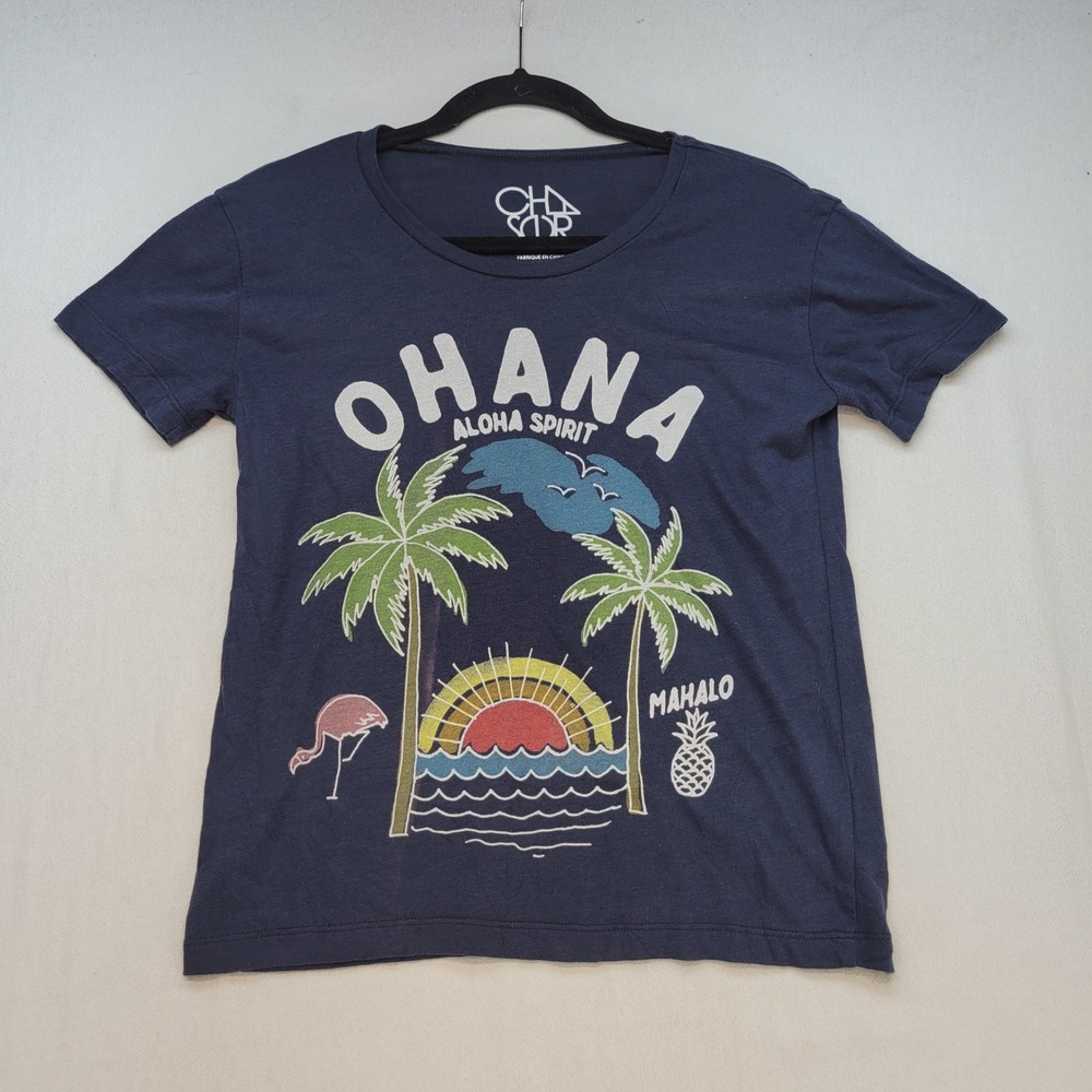 Chaser Graphic Tee Womens XS Navy Blue Ohana Aloha Spirit Tropical Palm Flamingo